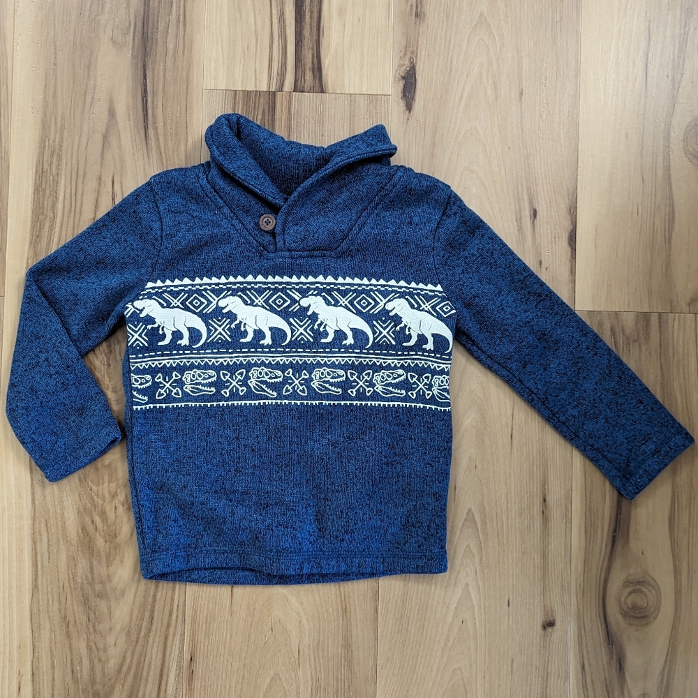 Toddler Boys Size 3T Navy Heather Collar Dinosaur Fair Isle Print Soft Sweater